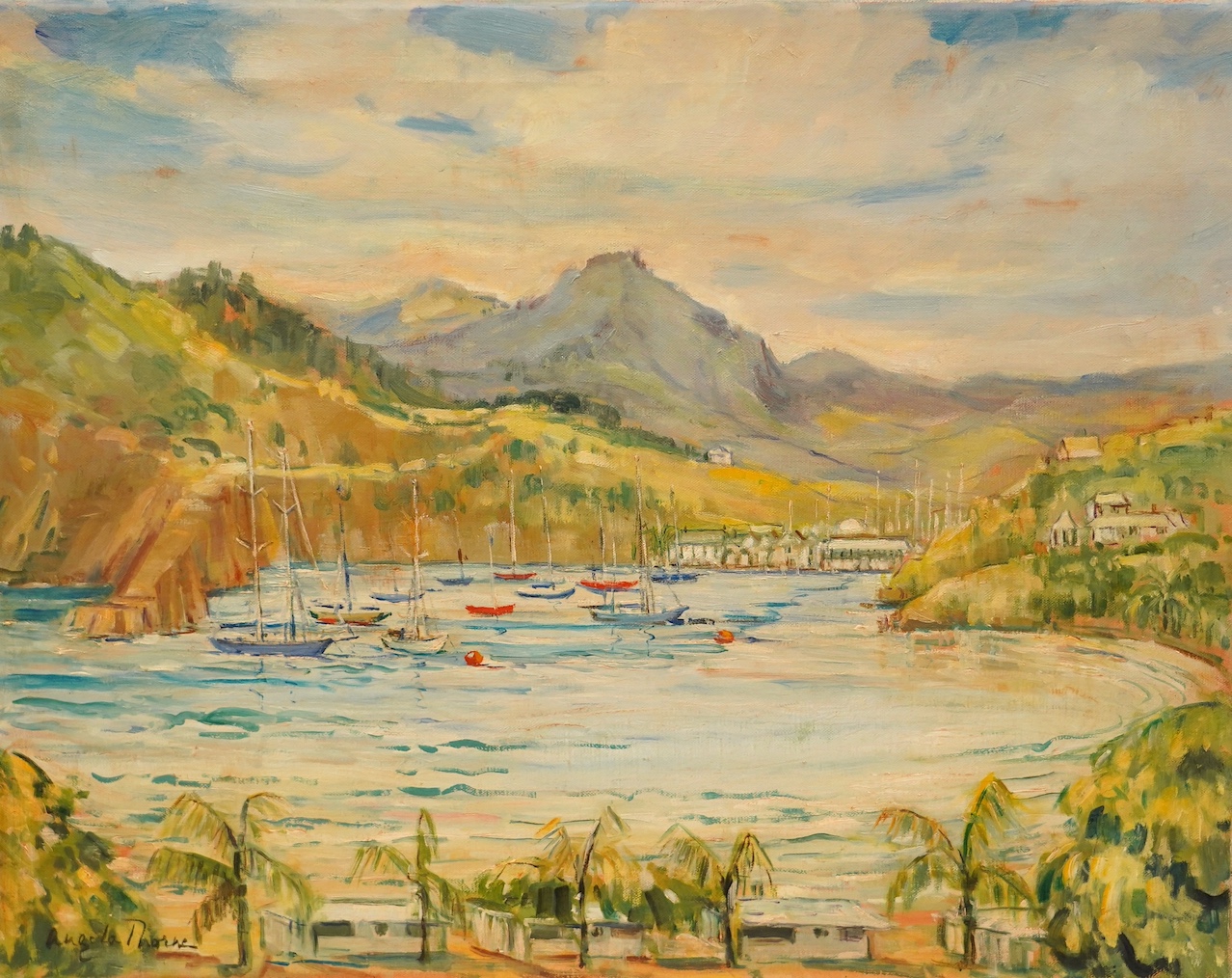 Angela Thorne (b.1911), oil on canvas, Bay with fishing boats, possibly the West Indies, signed, 35 x 45cm, unframed. Condition - fair to good, some surface dirt